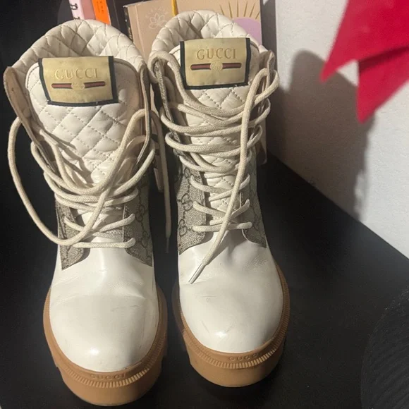 Gucci GG Monogram Combat Boots – White Leather – Size 40 – Authentic
